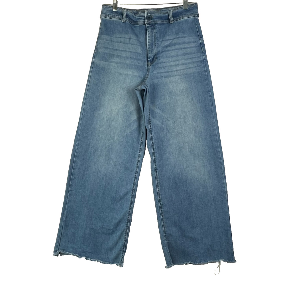 OAT New York Women's Jeans 10/30 Light Wash High Rise Wide Leg Raw Hem Cropped